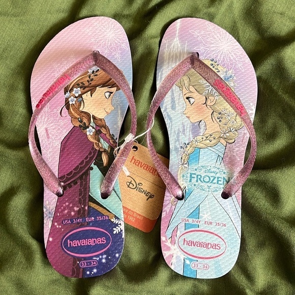 Brand New Havaianas Flip Flops Disney Frozen Anna Elsa Sisters Purple Sandals - Picture 1 of 12